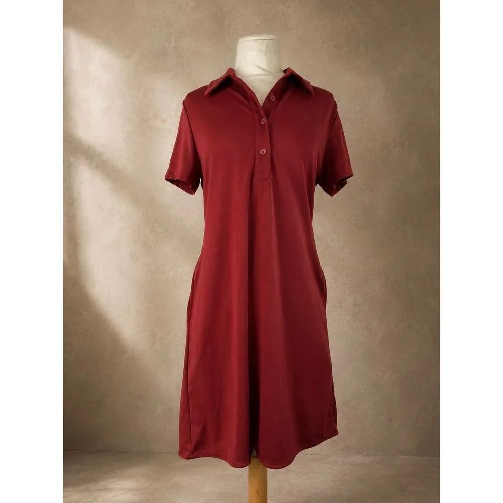Uniqlo Sz S Crepe Jersey Mini Polo Dress Burgundy Red Athletic Casual Stretch